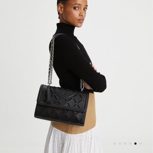 TORY BURCH FLEMING DIAMOND CUT-OUT PERFORATED CONVERTIBLE SHOULDER BAG IN BLACK